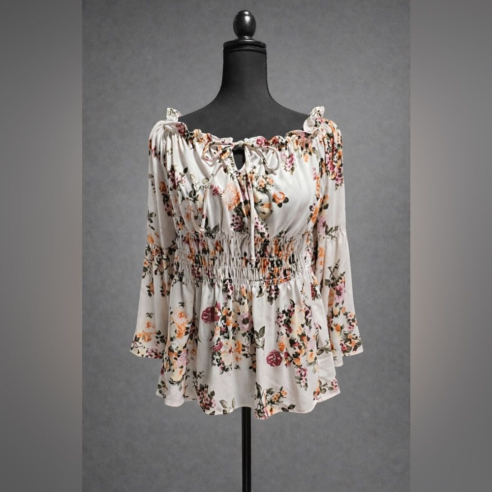 Floral Smocked Peplum Blouse Size L Off Shoulder Tie Neck Boho Top